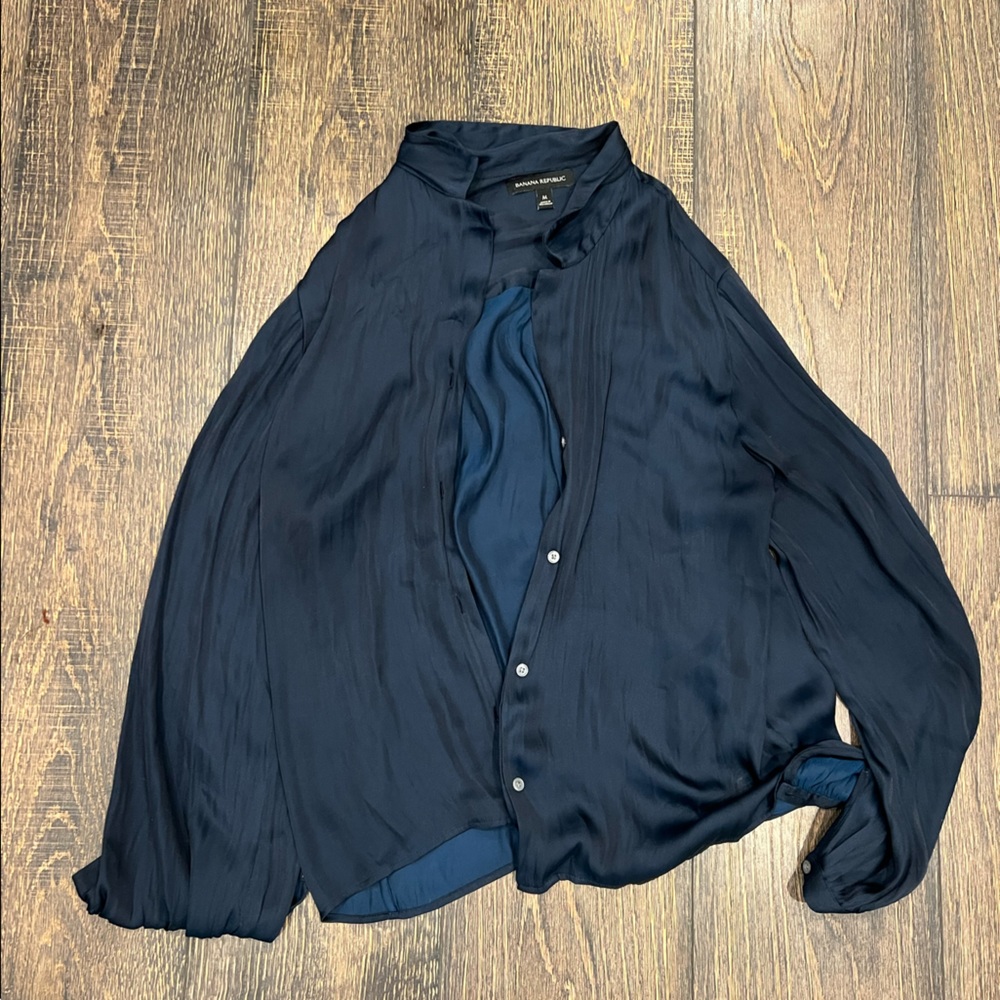 Navy silk button down
